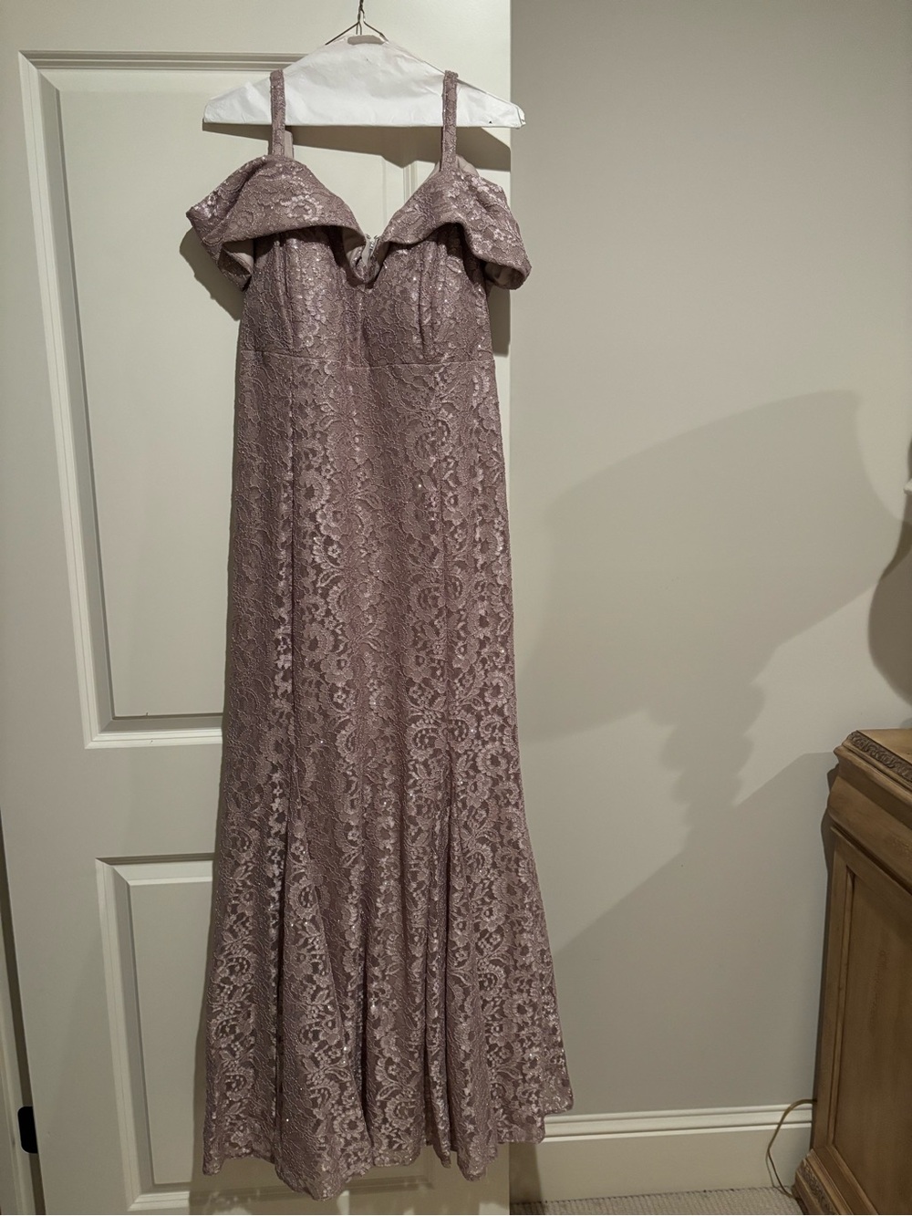 Off-Shoulder Lace Evening Dress in Shimmer Champagne